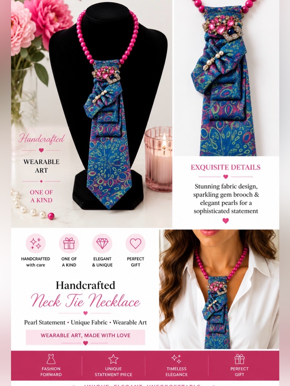 Unique Fashion Accessory  Tie Necklace | Pearl Statement Necklace | Wearable Art